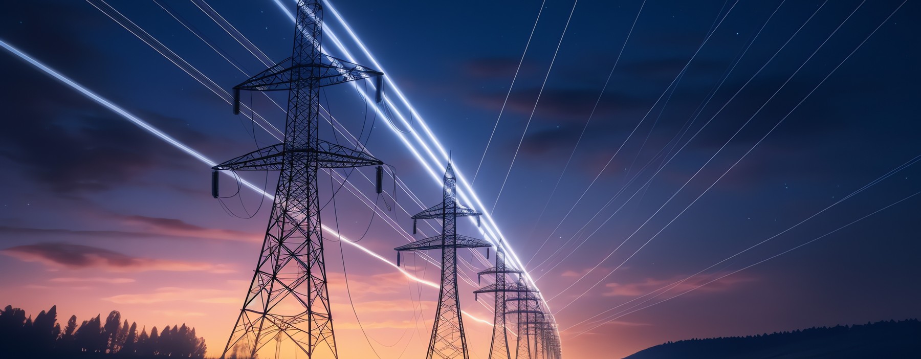 Una serie de torres de alta tensión iluminadas por un cielo al atardecer.