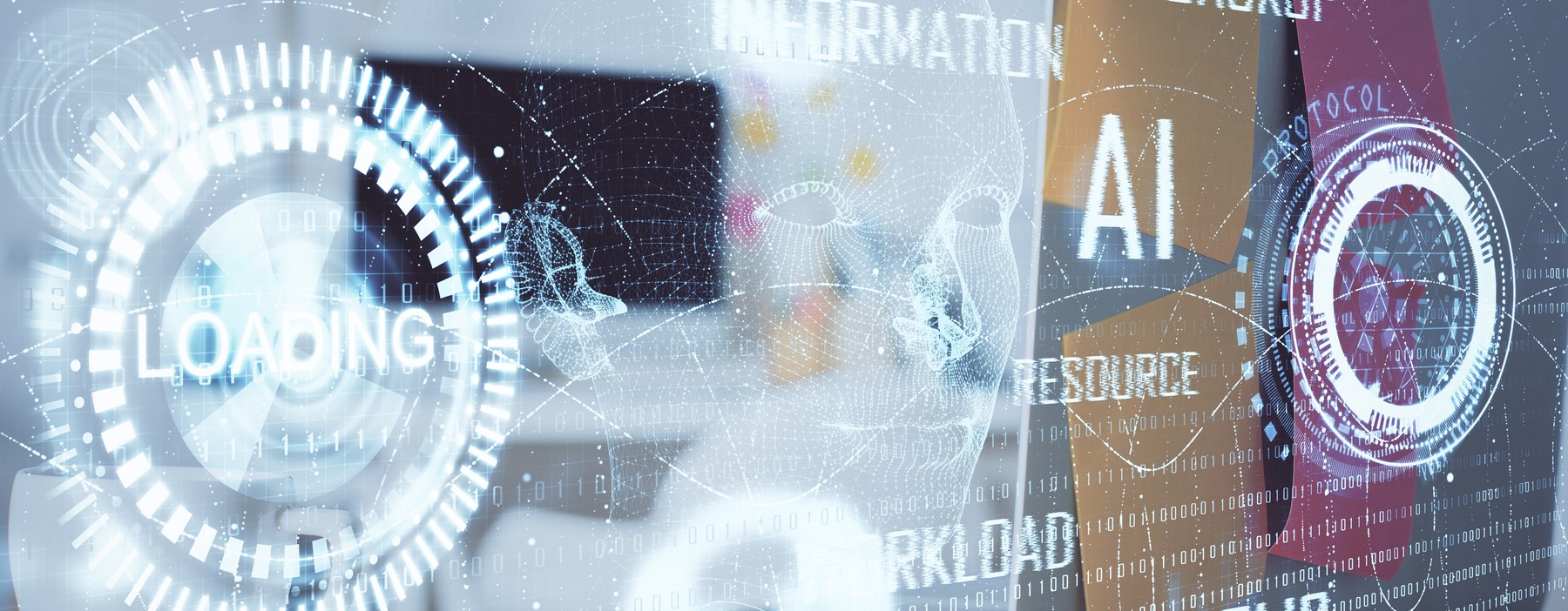 Una computadora portátil con gráficos digitales que representan conceptos de inteligencia artificial y gestión de datos.