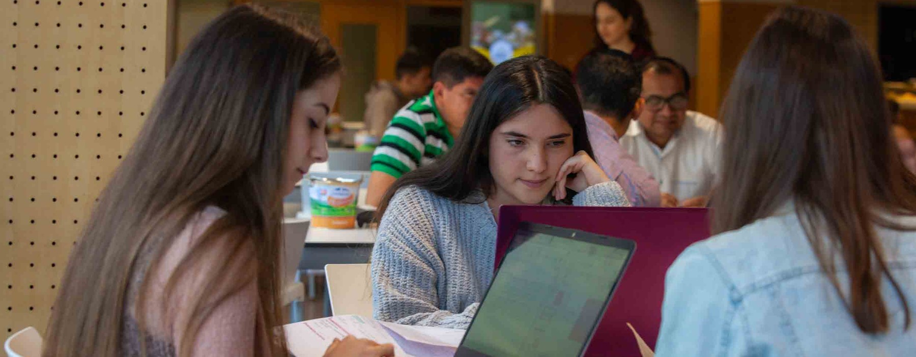 Un grupo de estudiantes se encuentra estudiando en una sala, trabajando en sus computadoras portátiles y revisando materiales en un ambiente colaborativo.