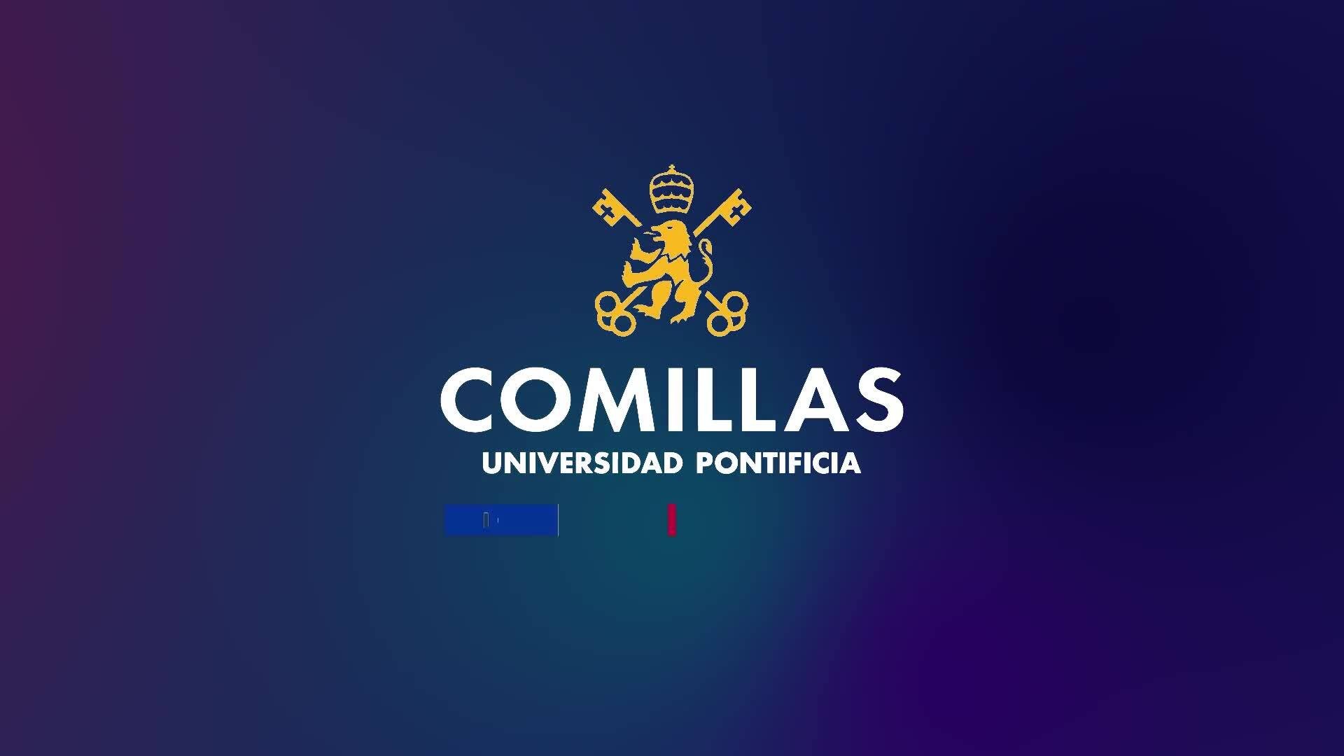 Logo of Comillas Pontifical University displayed on a gradient blue background.