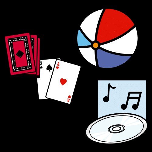 La imagen muestra una pelota de playa, cartas de juego, un disco con música y notas musicales.