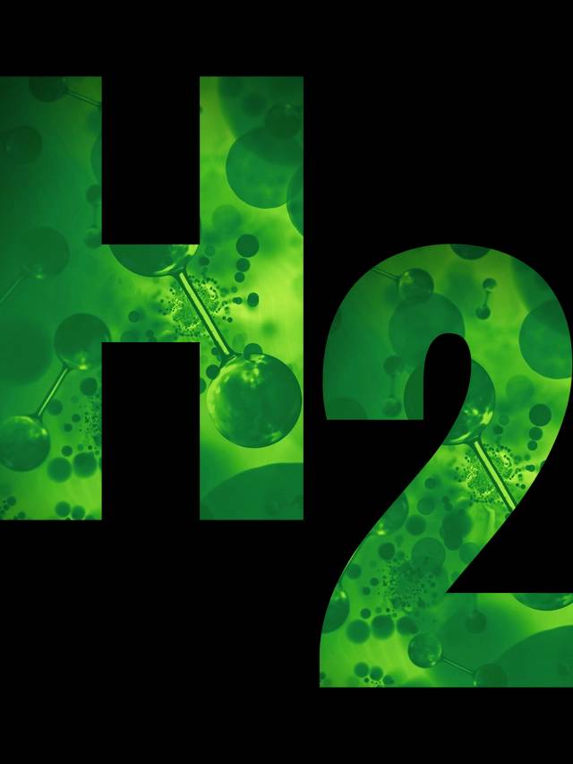 La imagen presenta el símbolo químico H2 con un fondo verde lleno de estructuras moleculares.