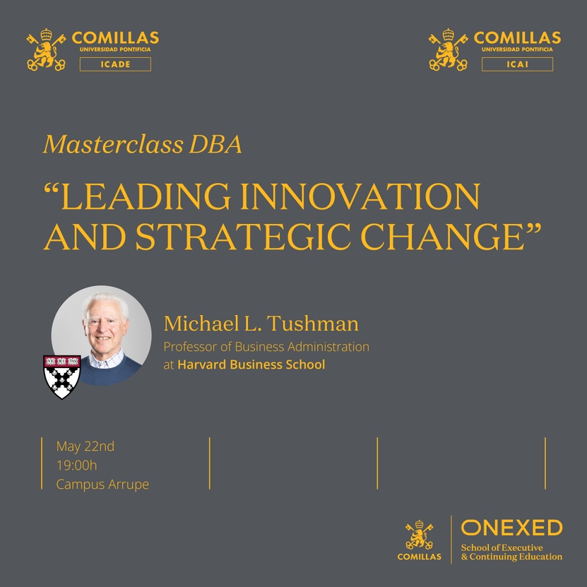 Anuncio de una masterclass sobre innovación y cambio estratégico en la Universidad Comillas.