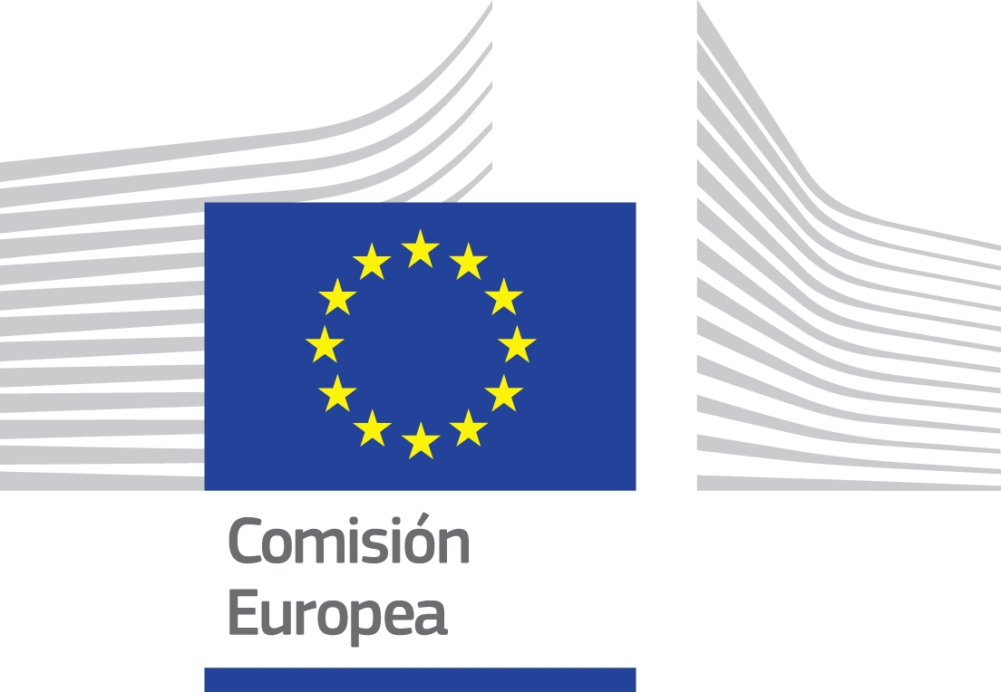 Logo of the European Commission with stylized wave patterns in the background.