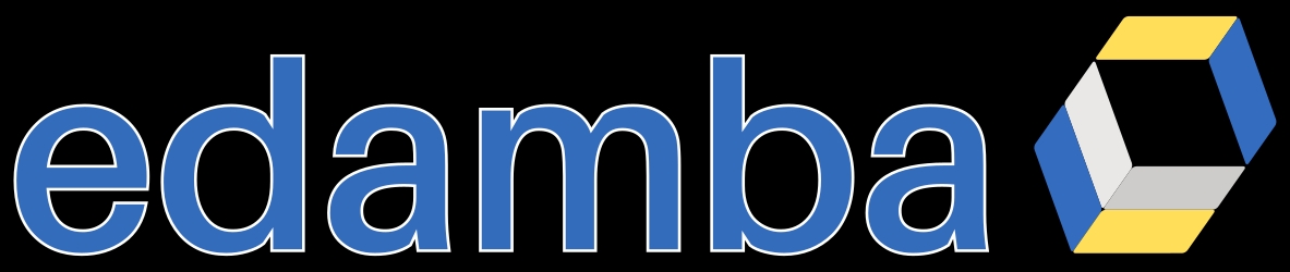 Logotipo de 'edamba' con texto en azul y un gráfico en amarillo y azul.