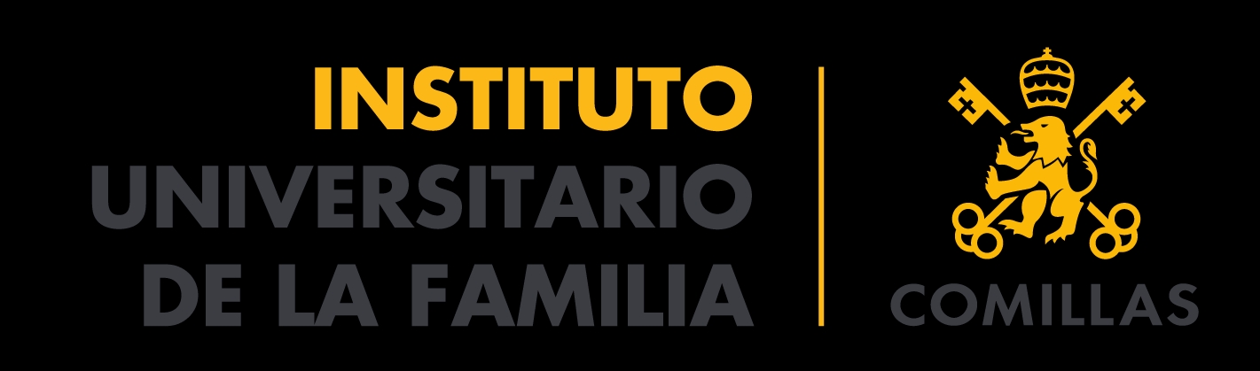 Logo of the Family University Institute at Comillas featuring a coat of arms and text on a black background.