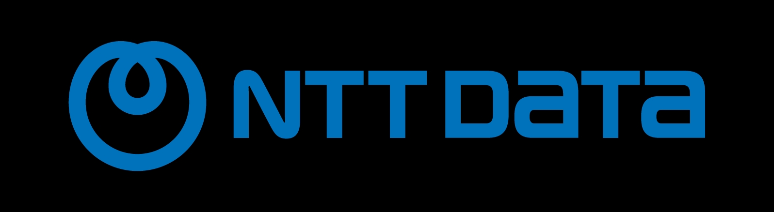 Logotipo de NTT Data en color azul sobre un fondo negro.