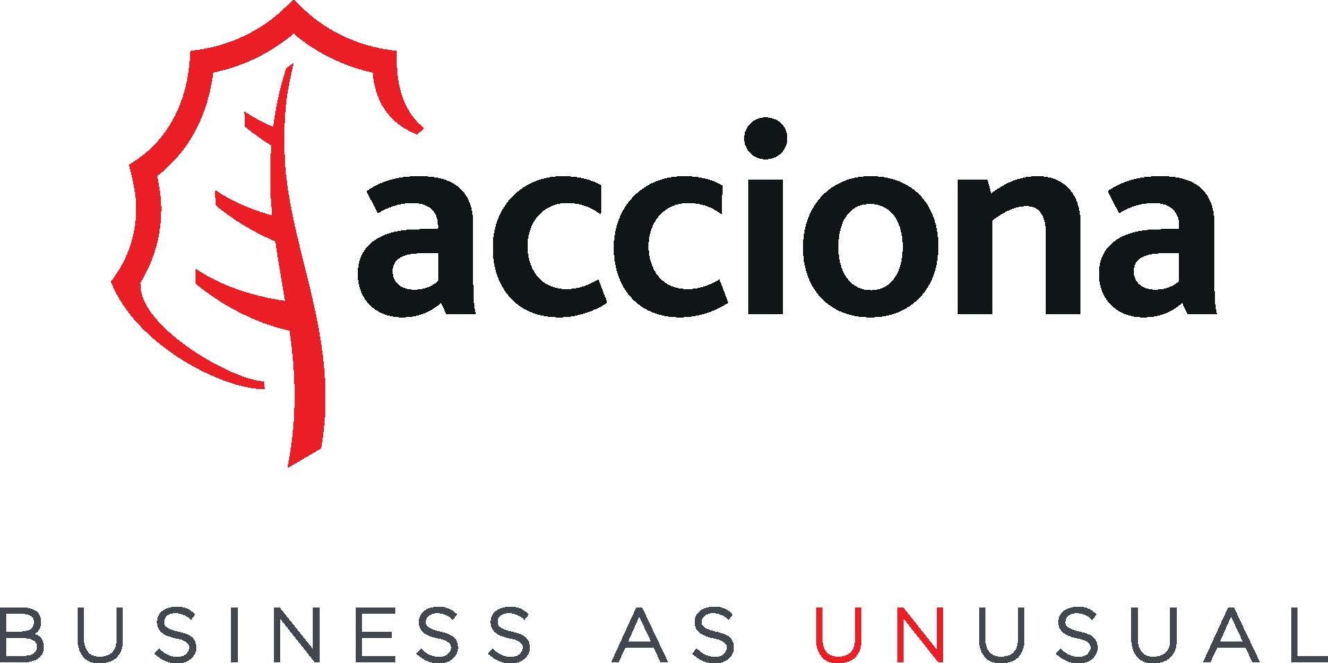 Logo of Acciona featuring stylized red and black text with the slogan 'Business As Unusual' beneath.