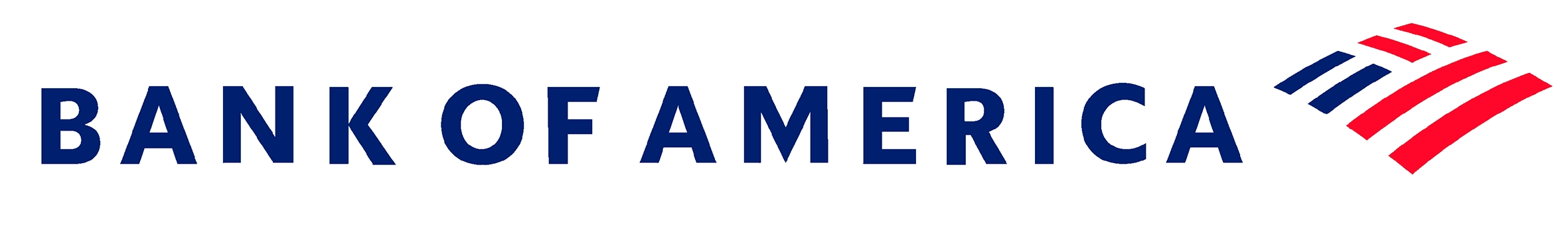 Logo of Bank of America featuring the name in blue letters and an American flag motif as a stylized waving flag above.