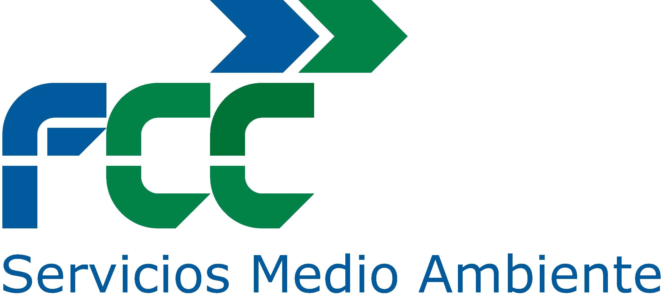 Logo of FCC Servicios Medio Ambiente featuring stylized text and abstract arrow shapes in blue and green colors.