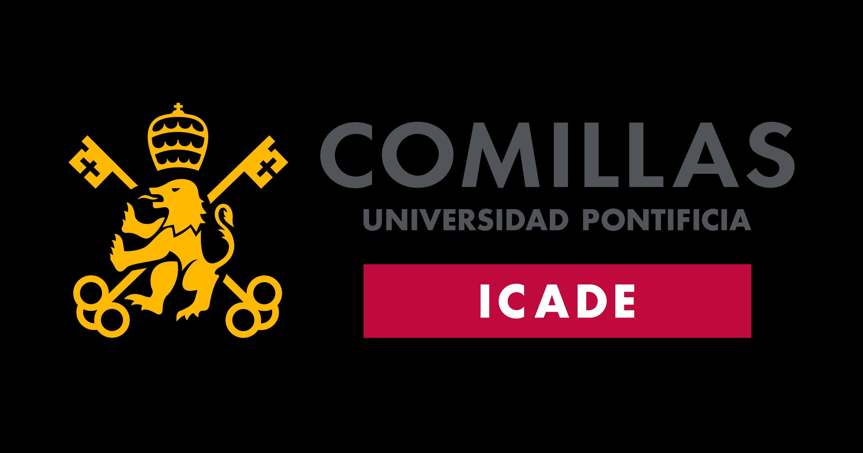 Logotipo de la Universidad Pontificia Comillas ICADE, mostrando un león dorado con una corona y una cruz, sobre un fondo negro con texto en blanco y rojo.