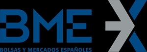 Logo of BME Bolsas y Mercados Españoles, featuring blue text and a white and blue stylized arrow design.