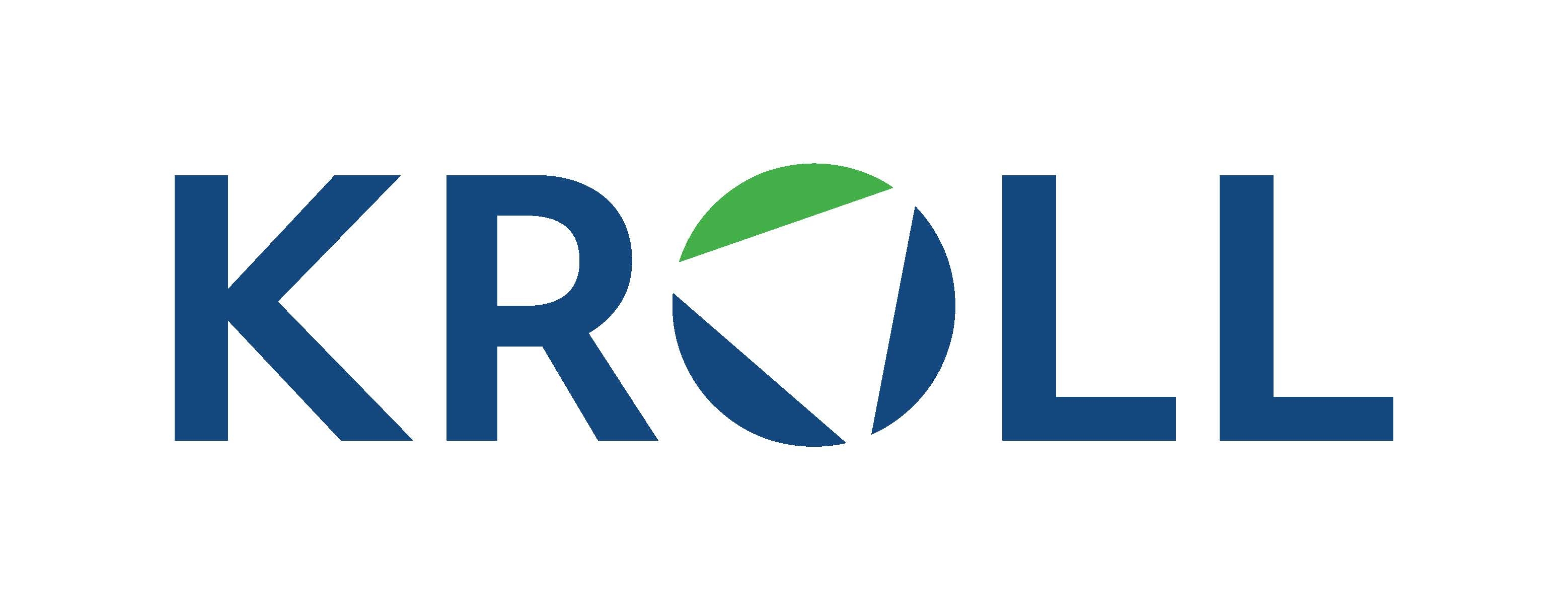 The image shows the logo of Kroll, featuring the name 'KROLL' in blue uppercase letters alongside a green and blue spherical icon.