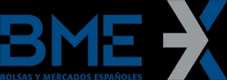 Logo of BME Bolsas y Mercados Españoles, featuring blue text and a white and blue stylized arrow design.