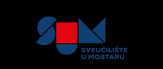 Logo del Sveučilište u Mostaru con formas geométricas en colores rojo, azul y negro.