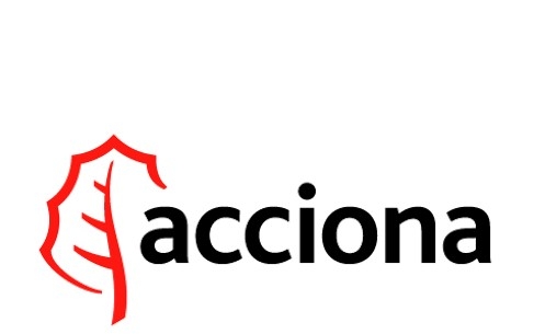 Logo de la empresa Acciona que incluye una hoja roja y el nombre en letras negras.