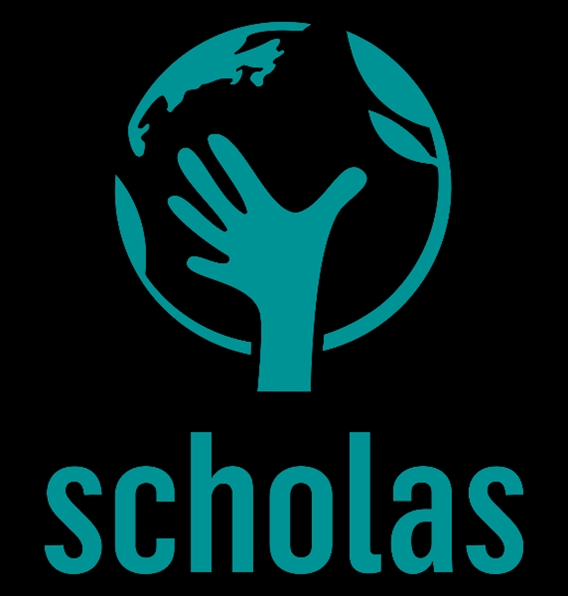 Logo de Scholas, que representa una mano levantando un globo terráqueo rodeado de hojas.
