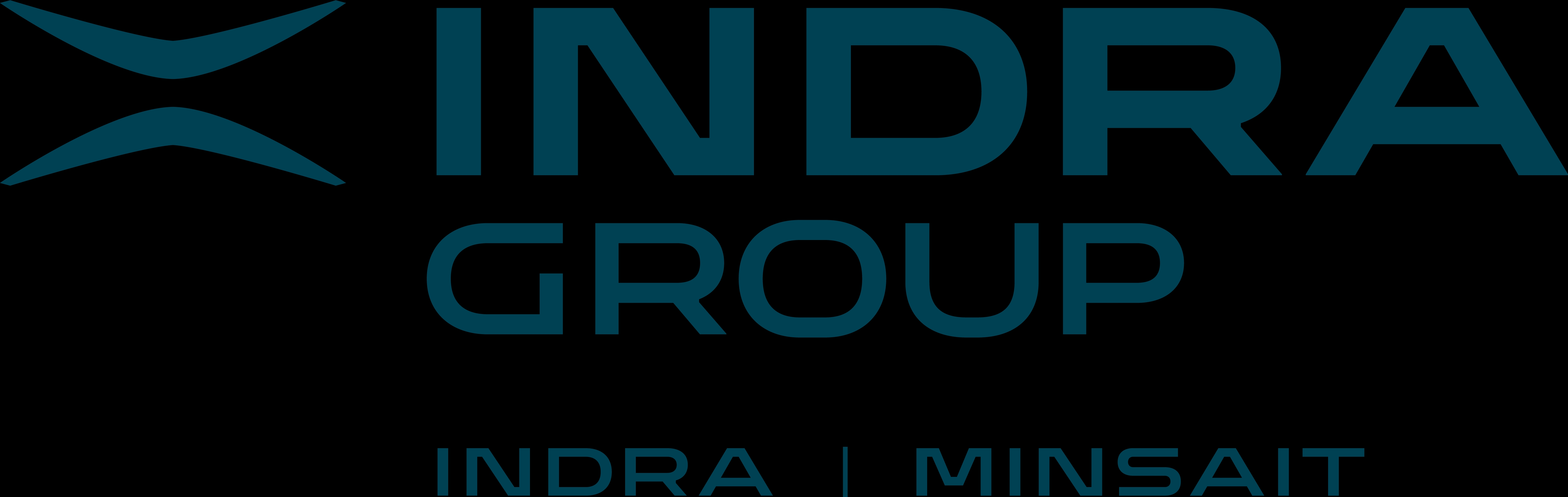 Logotipo de Indra Group con las palabras Indra y Minsait debajo del símbolo estilizado en color azul sobre fondo negro.