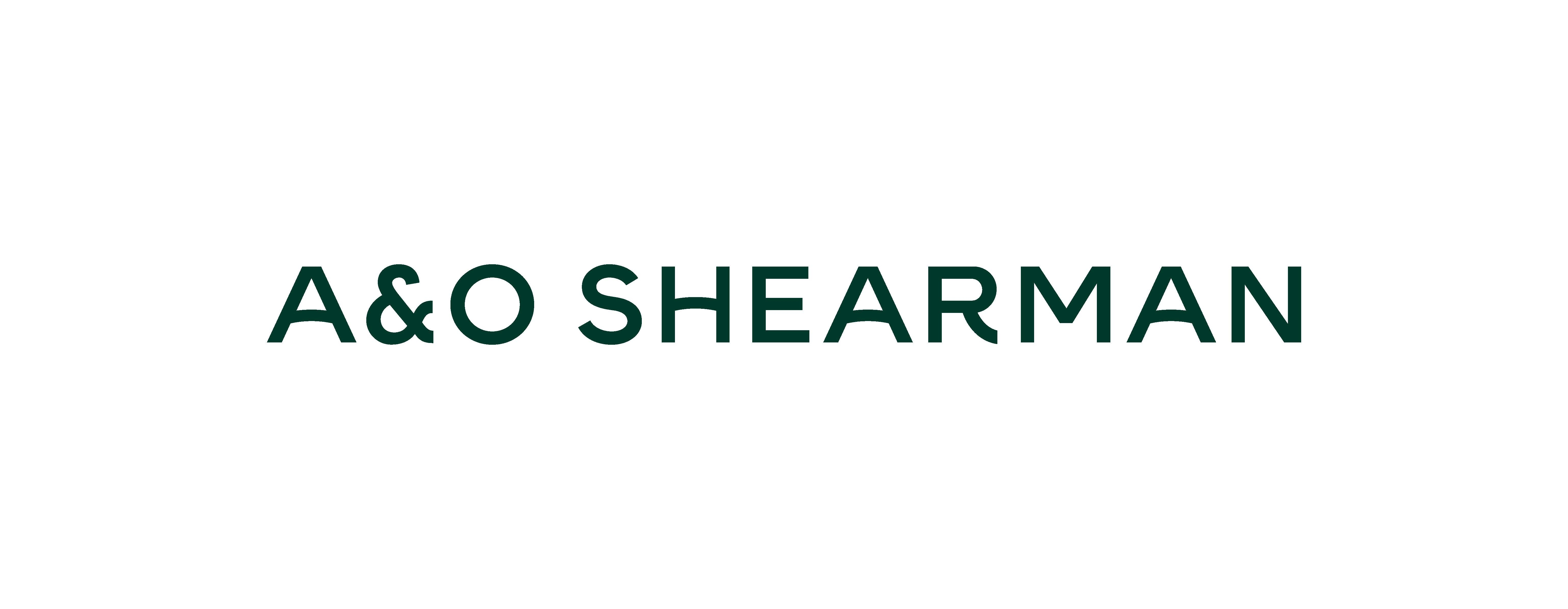 The image displays the text 'A&O SHEARMAN' in green font on a white background.