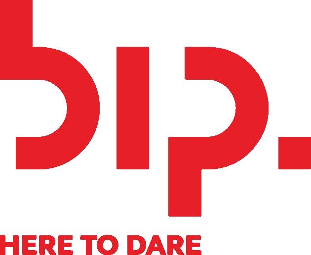 The image shows a red and white logo with the text 'bip - HERE TO DARE'.