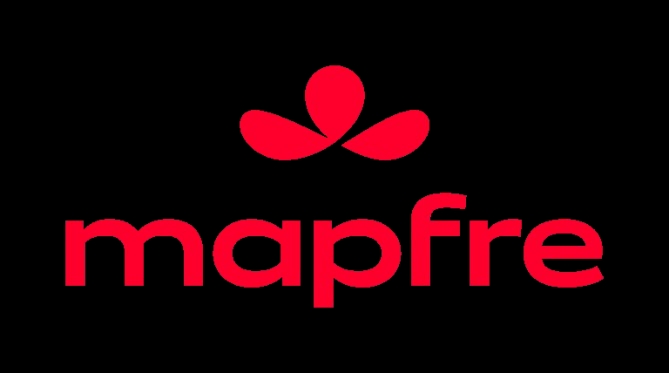 El logotipo de Mapfre presenta un diseño sencillo en rojo sobre fondo negro.