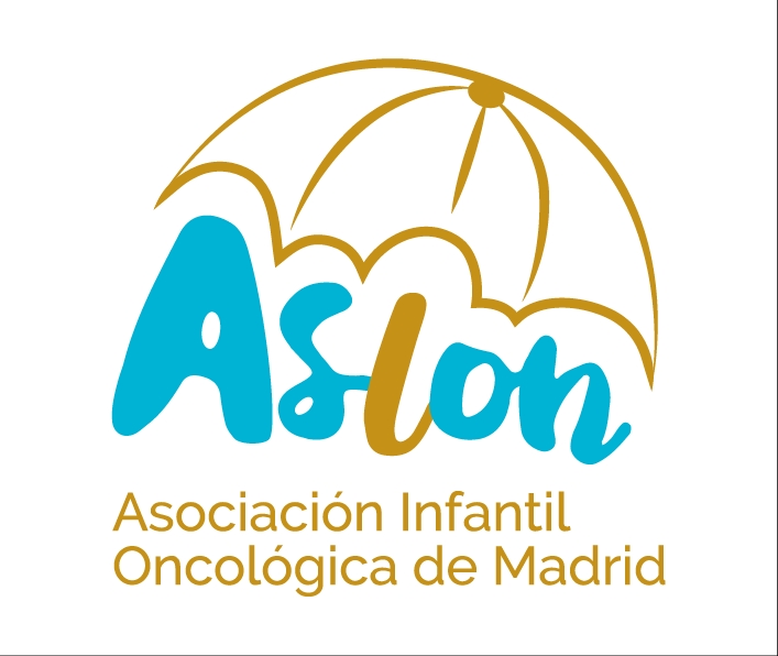 Logo de la Asociación Infantil Oncológica de Madrid que incluye un paraguas y el nombre de la asociación en colores azul y dorado.
