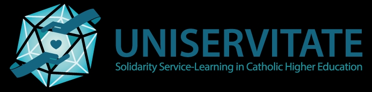 Logo of UNISERVITATE featuring a stylized globe with a heart, a cross and connected lines in shades of blue and teal, symbolizing solidarity and service-learning in Catholic higher education.