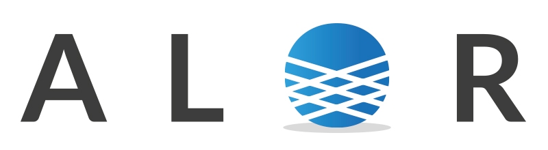 Logo moderno con texto estilizado y un símbolo circular azul.