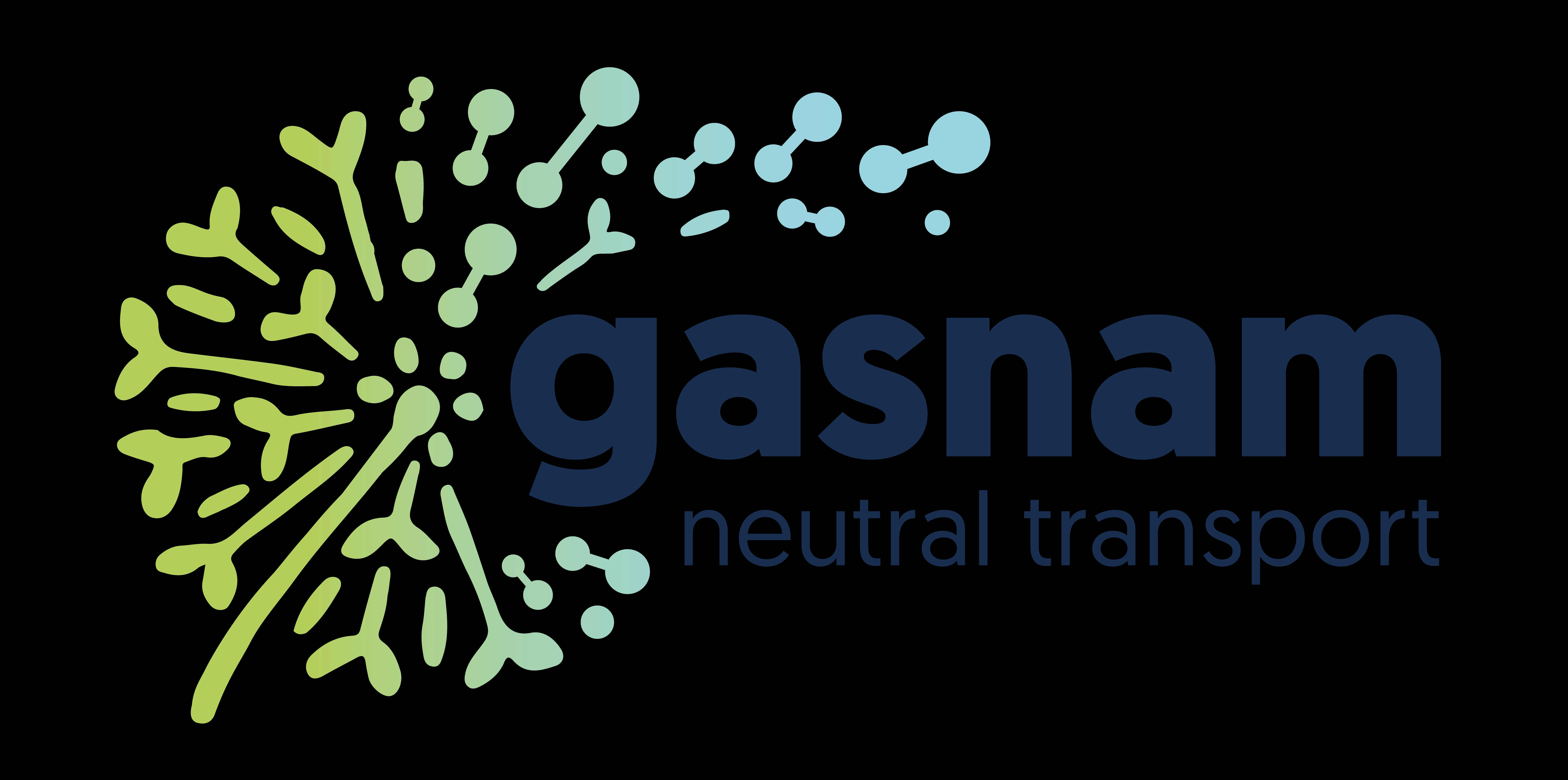 Logo of Gasnam featuring a stylized splatter design in green and blue colors on a black background with the text 'neutral transport'.
