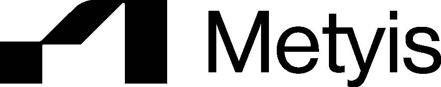 The image shows a black and white logo with a stylized letter M and the word 'Metyis'.