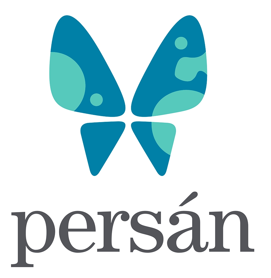 The image features a logo with a stylized butterfly in teal and green shades, and the word 'persán' in gray.