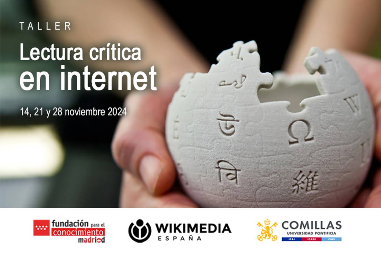 A promotional image for a critical internet reading workshop featuring hands holding a ceramic puzzle globe with symbols.