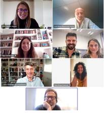 A collage of individual portraits showing nine people, possibly colleagues, in various office or home environments, displayed in a grid format.