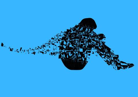 La imagen muestra la silueta de una figura humana en negro sobre un fondo azul, con fragmentos que sugieren descomposición o desvanecimiento.