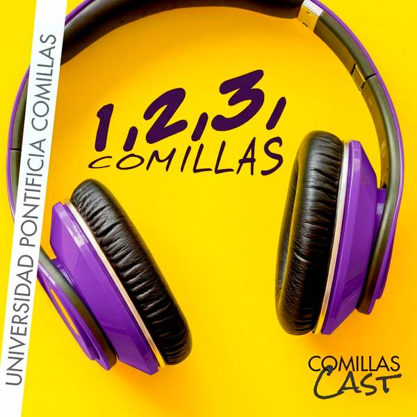 Los auriculares morados están sobre un fondo claro con el texto '1,2,3 COMILLAS'.