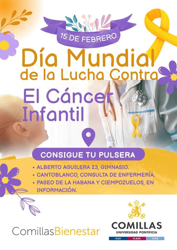 Cartel sobre el Día Mundial de la Lucha Contra el Cáncer Infantil con información sobre cómo conseguir pulseras.