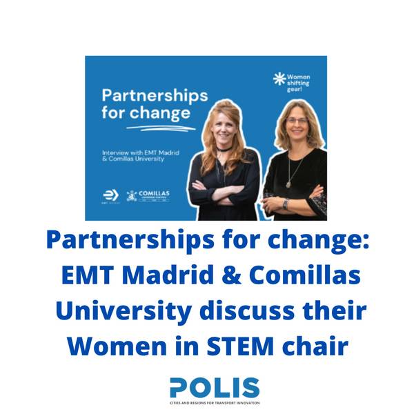 A promotional poster featuring two women, advertising a discussion about Women in STEM chairs by EMT Madrid and Comillas University.