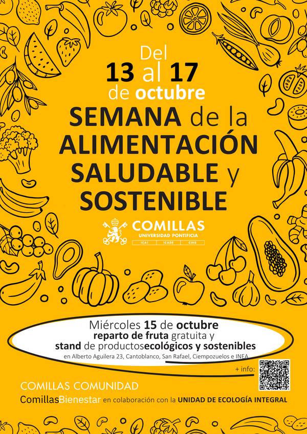 Cartel informativo sobre la Semana de la Alimentación Saludable y Sostenible en la Universidad Pontificia Comillas.