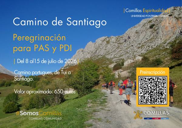 La imagen promociona una peregrinación por el Camino de Santiago para el personal de la universidad, destacando las fechas y el costo aproximado.