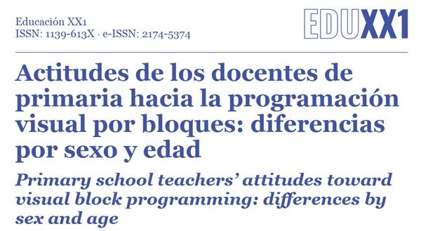 El texto presenta un artículo sobre las actitudes de los docentes de primaria hacia la programación visual por bloques, analizando diferencias por sexo y edad.