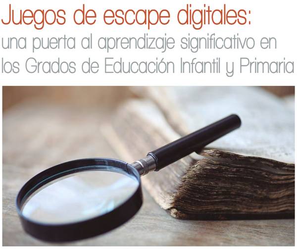 La imagen presenta un libro abierto y una lupa, representando el concepto de juegos de escape digitales en educación.