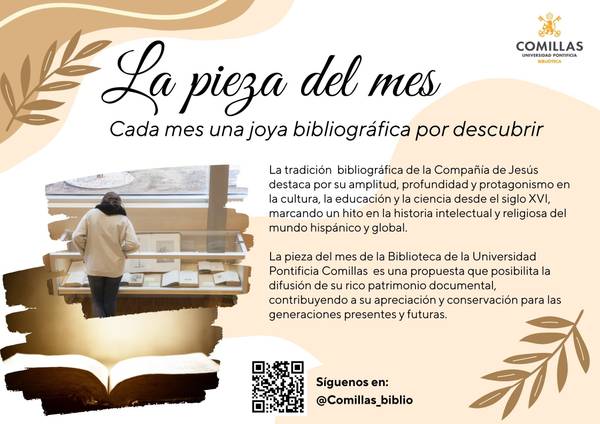 Una persona observa una colección de libros en una biblioteca, mientras se resalta la importancia de una pieza bibliográfica mensual.