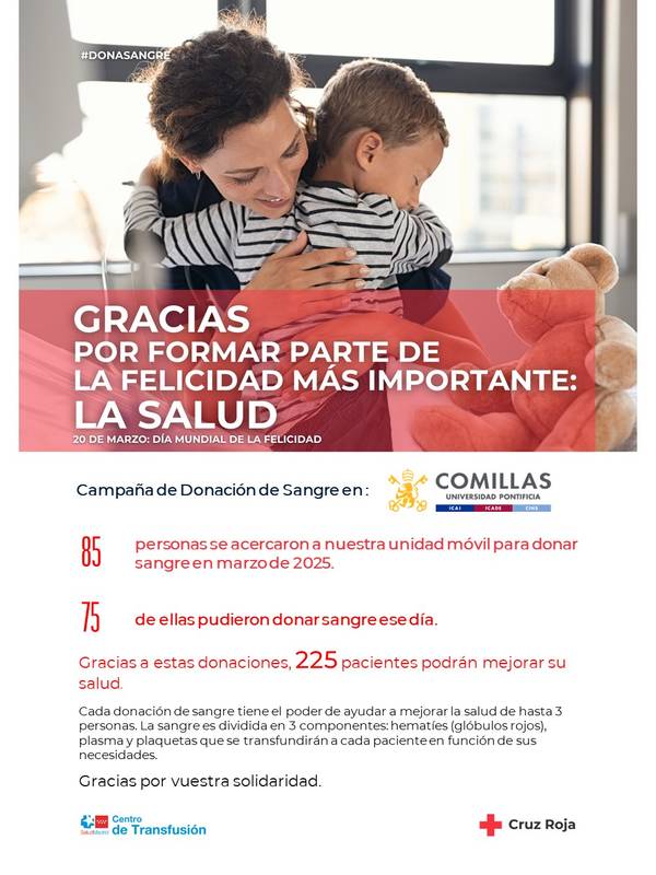 Una madre abraza a su hijo mientras lee un mensaje sobre la importancia de la donación de sangre.