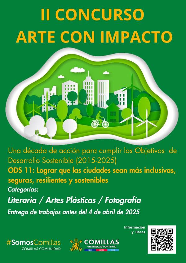 A promotional poster for the 'II Concurso Arte con Impacto' featuring information about sustainable cities and categories for literary, visual arts, and photography submissions.