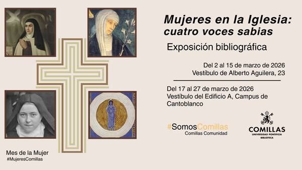 Cartel de una exposición bibliográfica titulada 'Mujeres en la Iglesia: cuatro voces sabias'.
