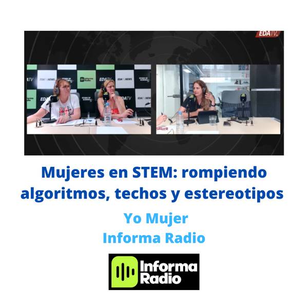 Mujeres discutiendo sobre el papel de las mujeres en STEM y rompiendo estereotipos en un programa de radio.