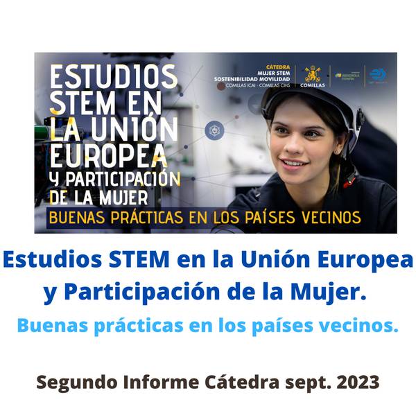 The image shows a promotional poster for a report on STEM studies in the European Union and women's participation, highlighting good practices in neighboring countries.