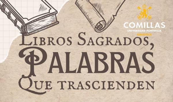 Una ilustración que destaca la frase 'Libros Sagrados, Palabras que trascienden' sobre un fondo beige con elementos gráficos relacionados con libros.