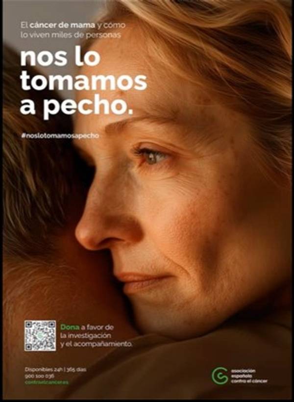 La imagen muestra un momento emotivo entre dos personas, resaltando la lucha contra el cáncer de mama.