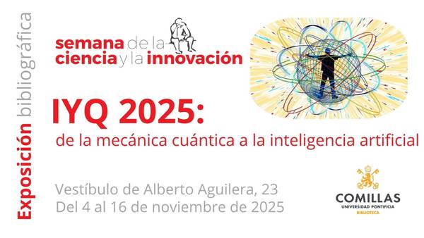 Cartel anuncio de una exposición sobre la mecánica cuántica y la inteligencia artificial.